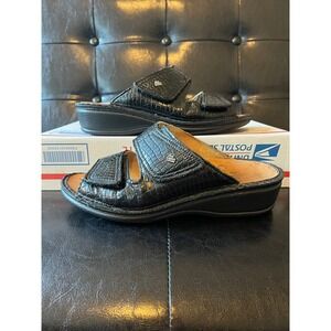 Finn Comfort Arlberg Black Croc Embossed Leather Slide Sandals